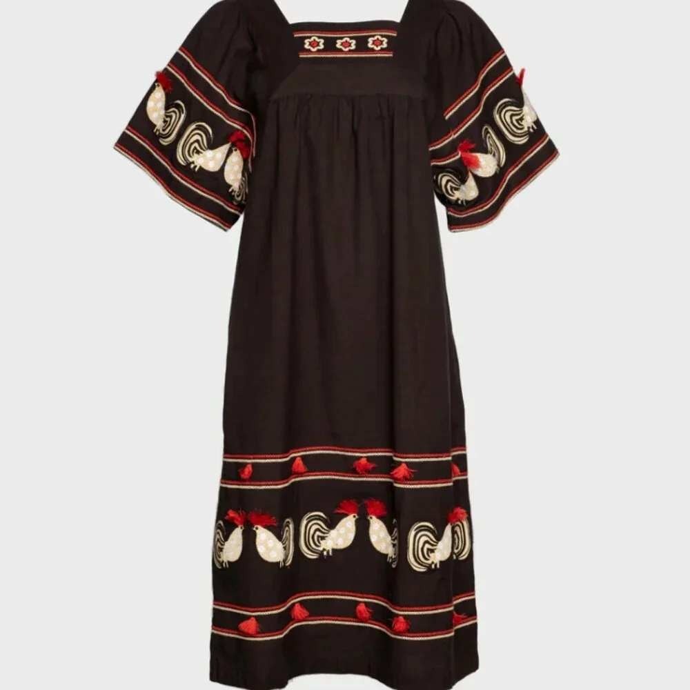 Frances Valentine Picnic Rooster Embroidered Midi Dress Womens Black Size M
